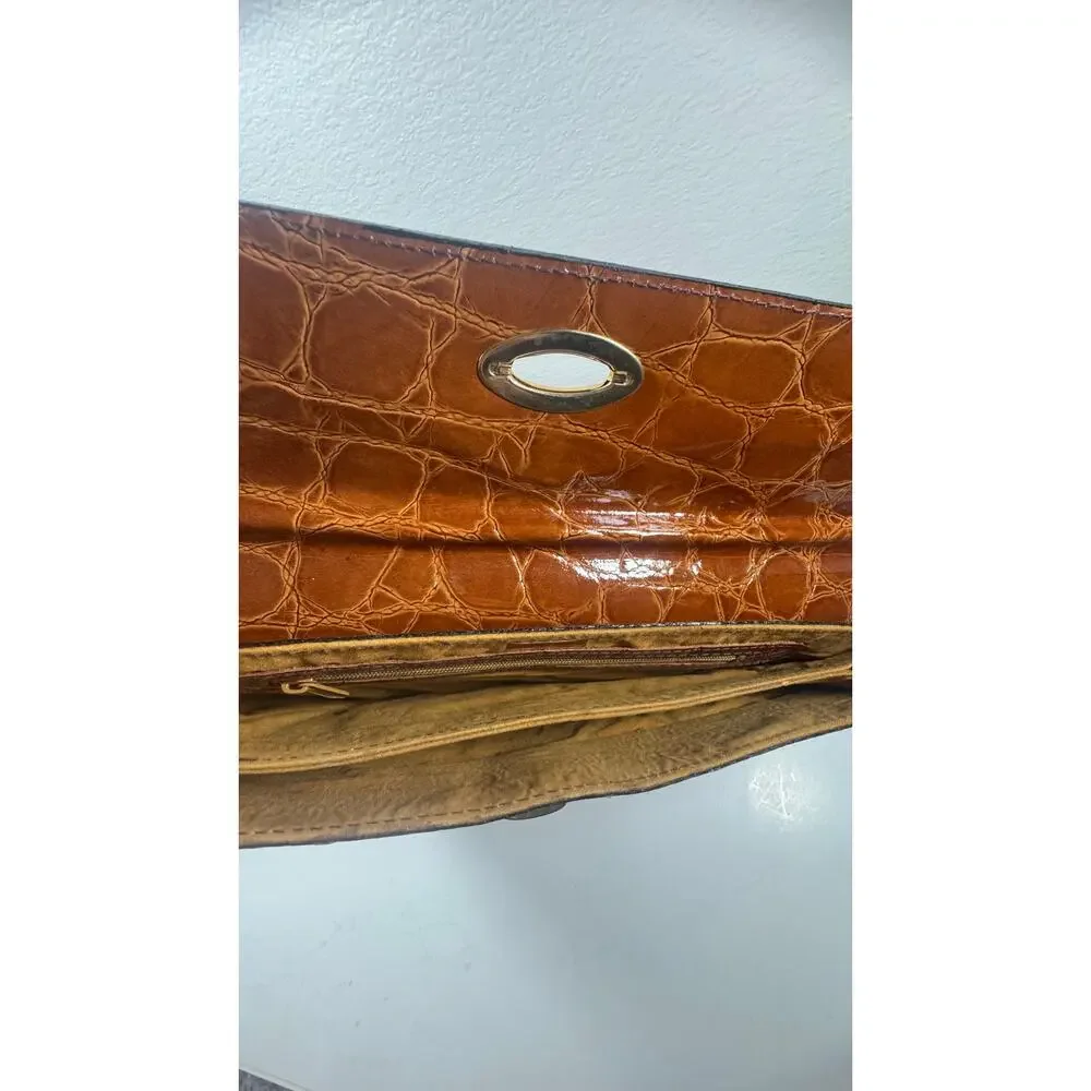 VTG Andrew Geller Handbag Croc Embossed Leather Brown Handbag Brass